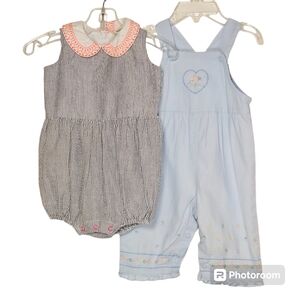 6 Month Bundle: Striped EGG Romper & Blue Carters Infant Overalls
